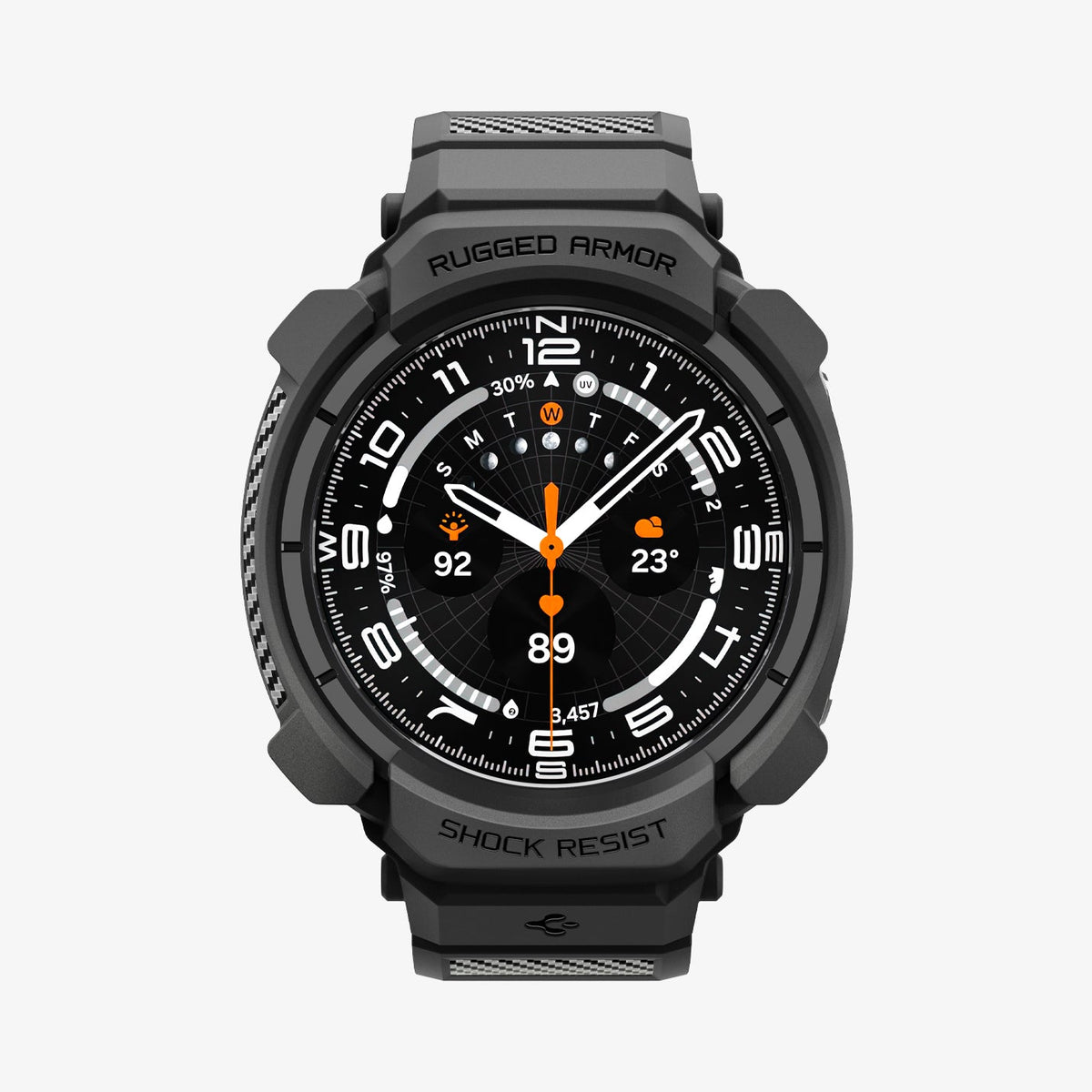 ACS11612 - Galaxy Watch Ultra Series - Rugged Armor Pro showing the Galaxy Watch Ultra with the Rugged Armor Pro case in Gray, front view on white background with "Rugged Armor" and "Shock Resist" text on the bumper.