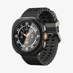 ACS11609 - Galaxy Watch Ultra Series Thin Fit 360 showing the case's front angled view with buttons and olive-buckle band on the watch