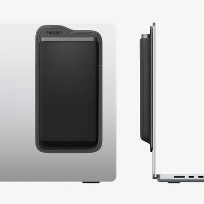 APP11228 - SSD/HDD Holder | LD221 in Black showing mounted on MacBook back panel with slim side profile view highlighting low-profile adhesive attachment
