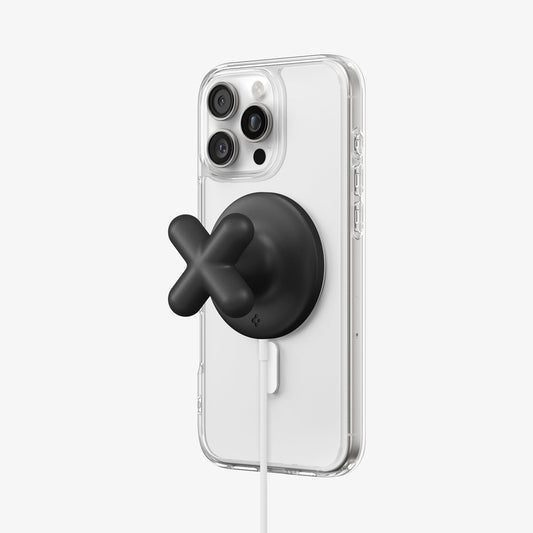 AMP10137 - O-Mag Charging Grip (MagFit) | OM107 in Black showing back attach with the phone