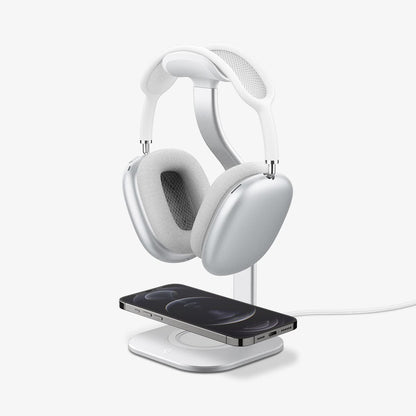 AMP02817 - Apple Airpods Max MagFit Stand in silver showing the front and side holding an Airpods Max and charging iPhone