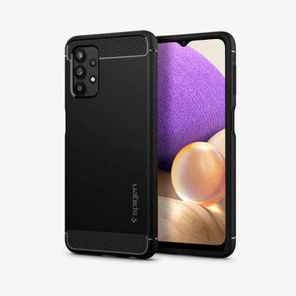 ACS03046 - Galaxy A32 5G Case Rugged Armor in Matte Black showing the back, next to it is another device showing front