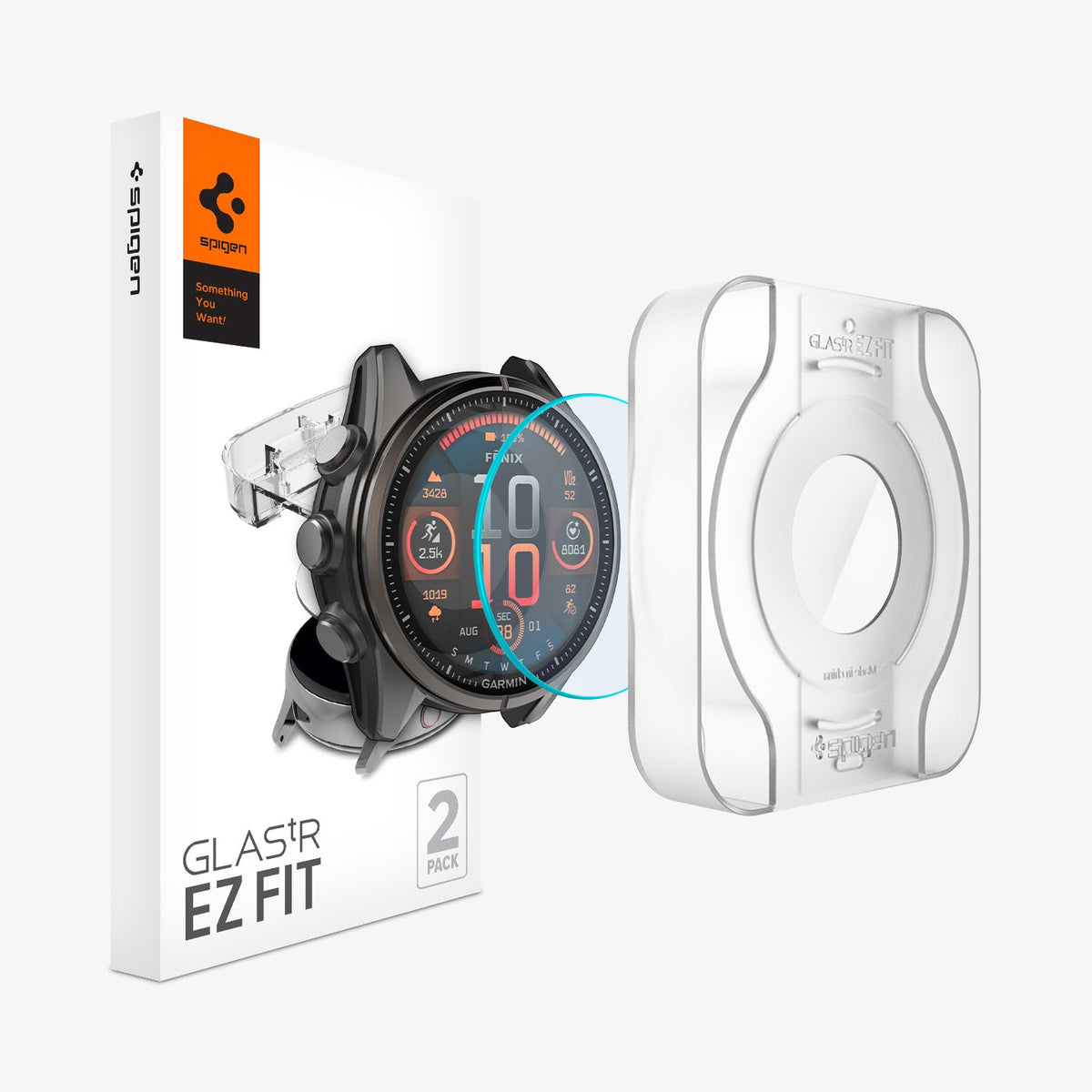 AGL09159 - Fenix 8 (43mm) Glas.tR EZ FIT in Clear showing the watch face, screen protector, ez fit tray and packaging