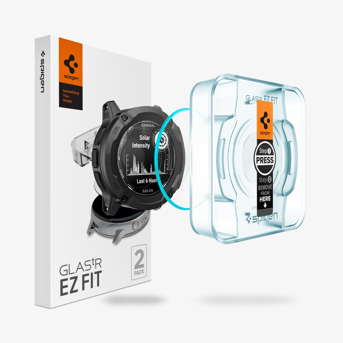AGL09345 - Instinct 2X Solar Transparency showing the watch face, screen protector, ez fit tray and packaging