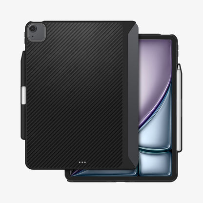 ACS07757 - iPad Air 11-inch (2024) Case Enzo Aramid in Black showing the back and partial front with stylus pen attached