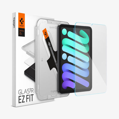 AGL03824 - iPad Mini 6 Screen Protector EZ FIT GLAS.tR showing the device, screen protector, ez fit tray and packaging