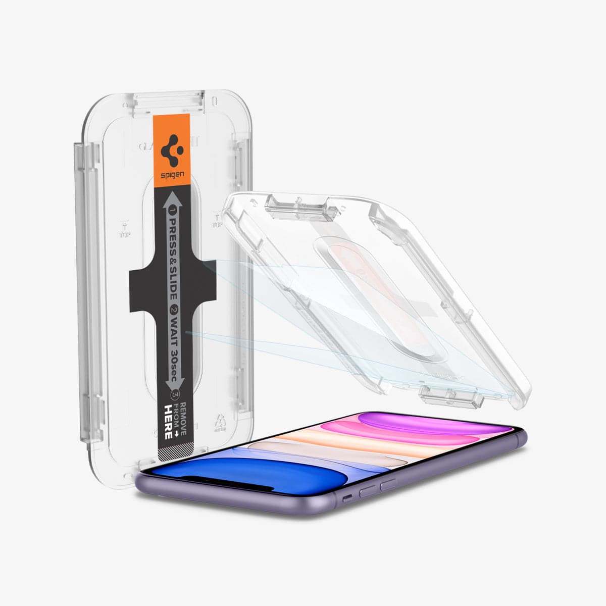 064GL25166 - iPhone XR Screen Protector GLAS.tR EZ Fit showing the device, ez fit tray and two screen protectors