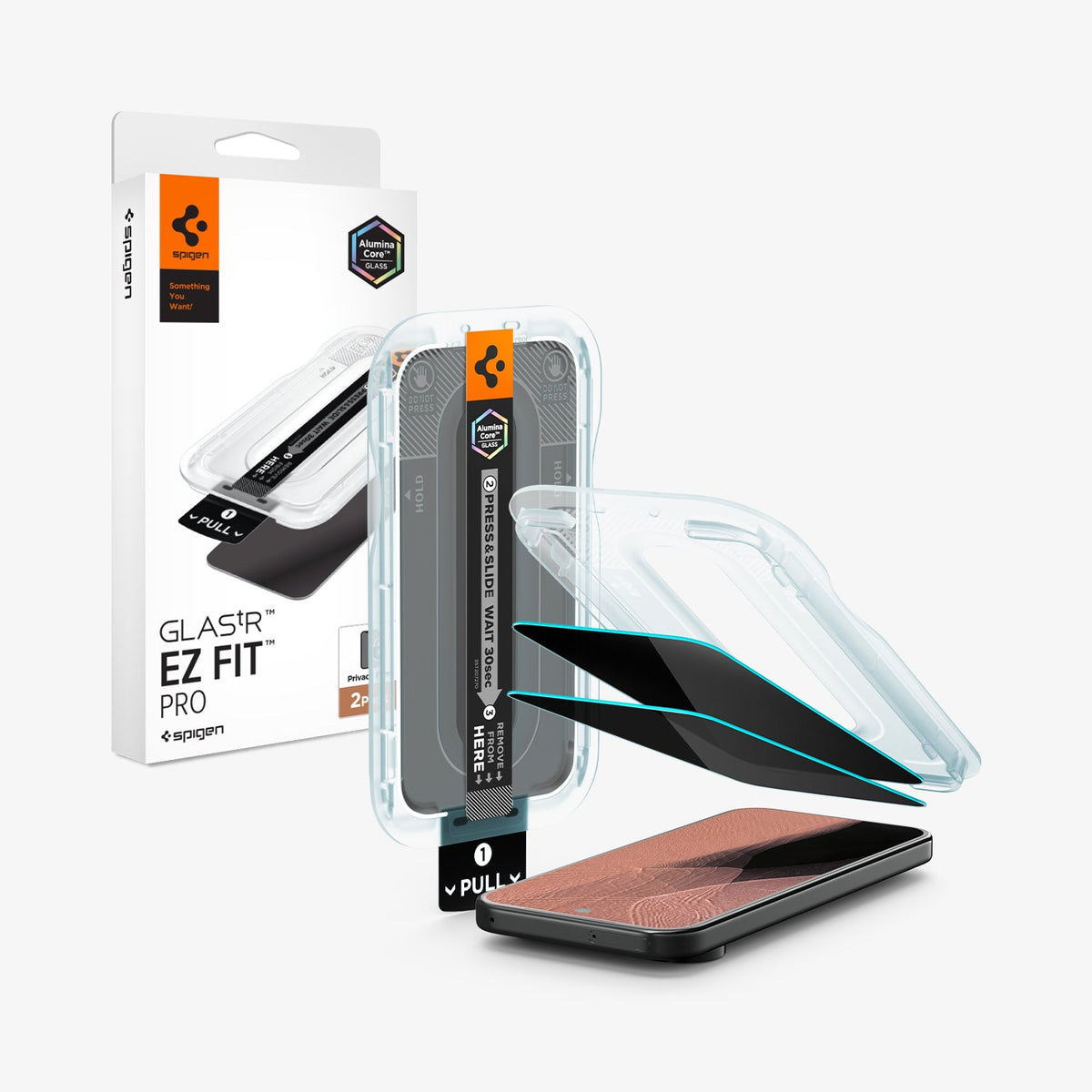 AGL11481 - Pixel 11 Pro GLAS.tR EZ Fit | Privacy front and angled views of the EZ Fit installation tray, privacy tempered glass protectors, and packaging.
