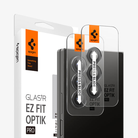 AGL07970 - Galaxy Z Fold 6 Optik Pro EZ Fit Lens Protector in Black showing the 2 tray with lens screen protector hovering in front of the device with the packaging at the back